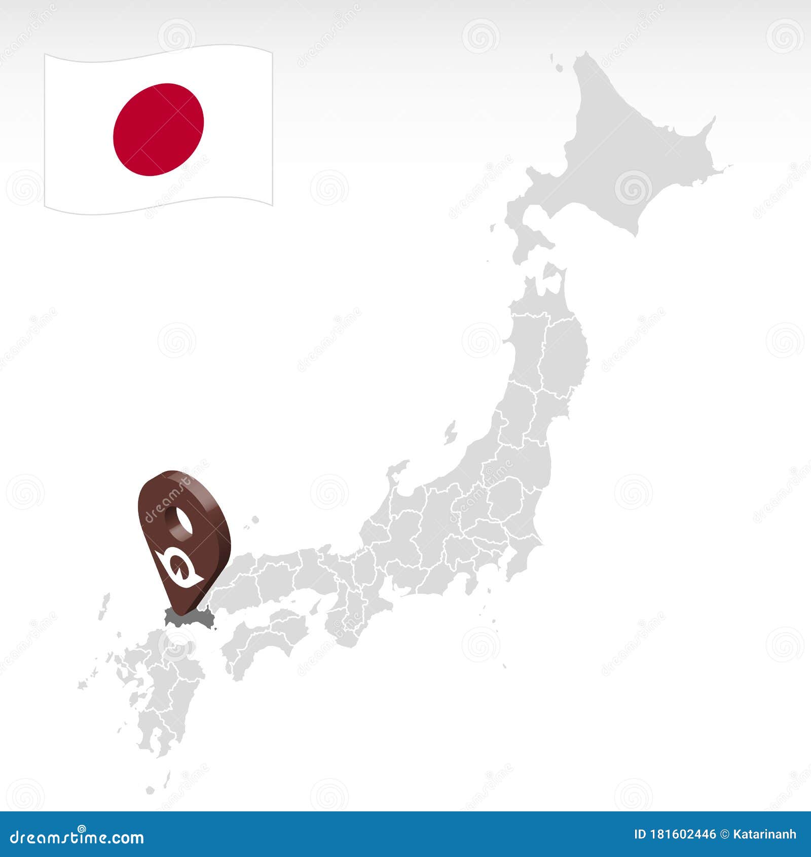 Location of Prefecture Yamaguchi on Map Japan. 3d Yamaguchi Location