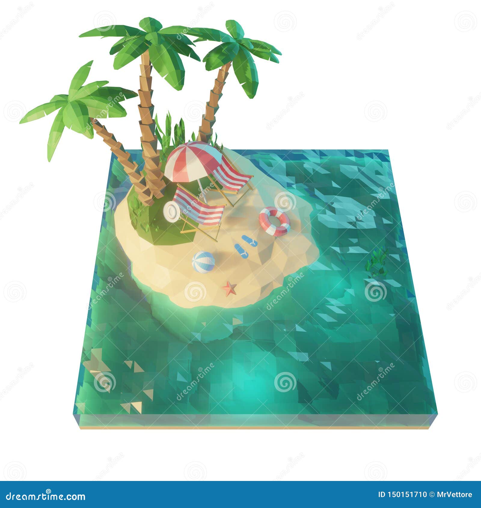 3d Low Poly Tropical Island with Sea, Deck Chairs Under an Umbrella on ...