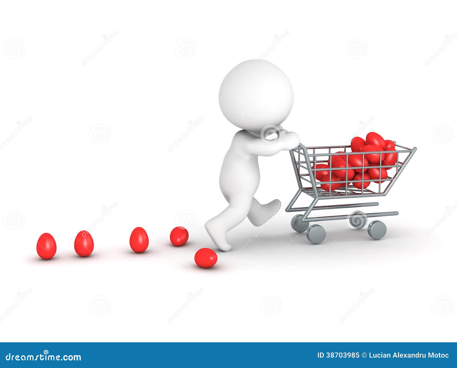 3D Man Rushing to Buy Easter Eggs. 3D character pushing a shopping cart with red Easter eggs, isolated on white