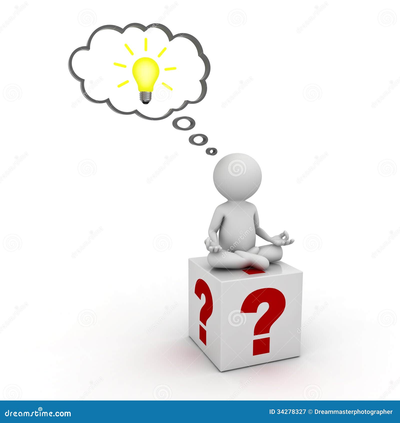 3d Man Sitting On Question Marks Box And Thinking With Idea Bulb In Thought Bubble Above His