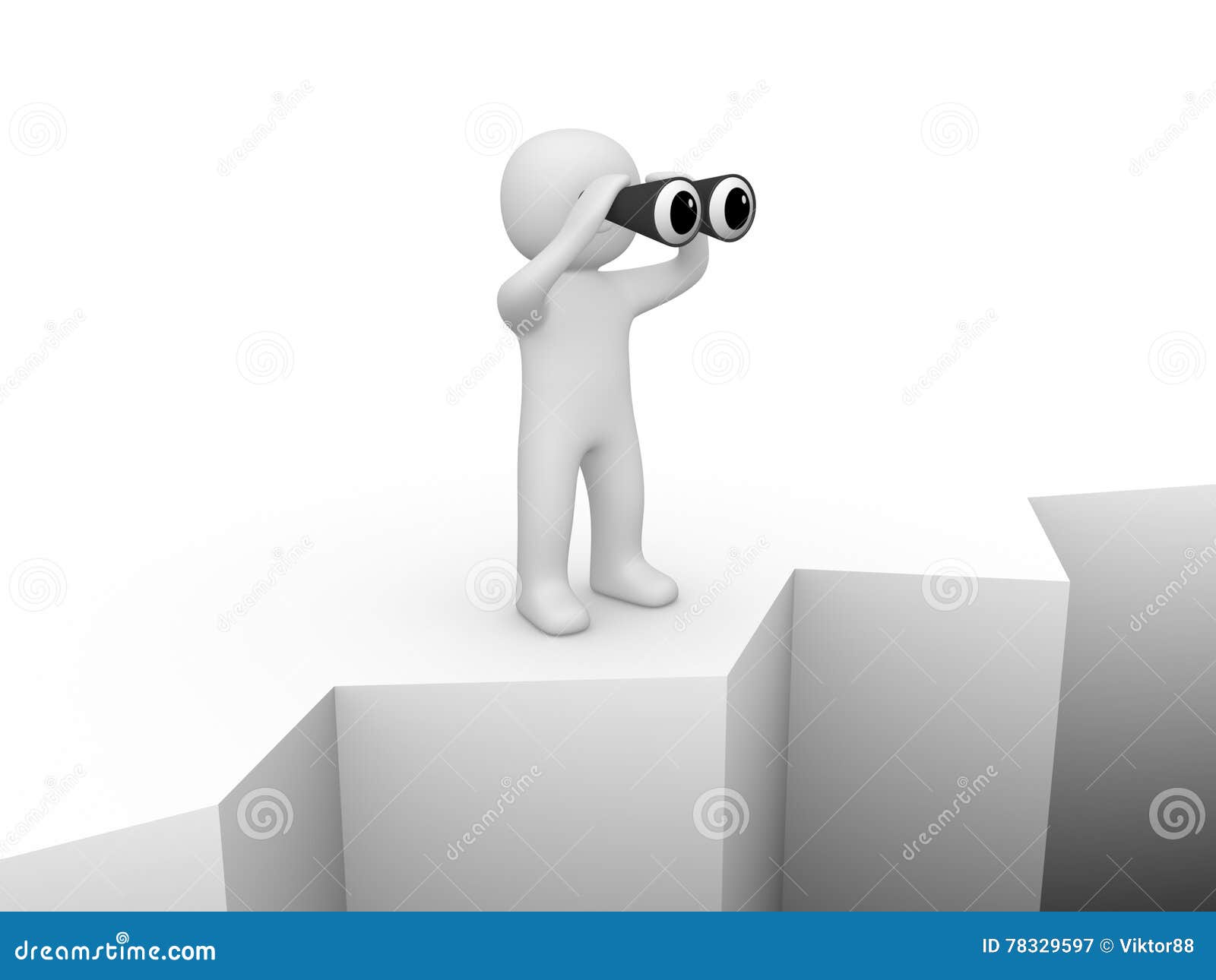 3d man standing on the brink of a precipice and looking through binocular