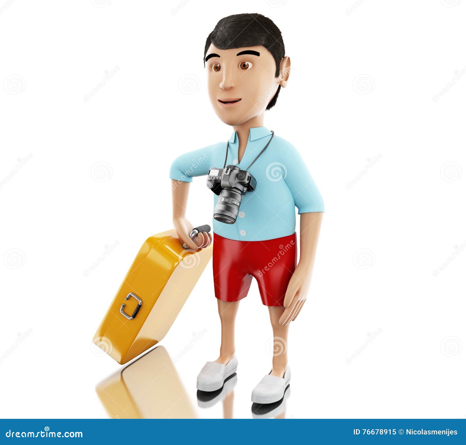 3d Man with a suitcase and a camera. 3d renderer image. Man with a suitcase and a camera goes on vacation. Travel and holidays concept. Isolated white background.