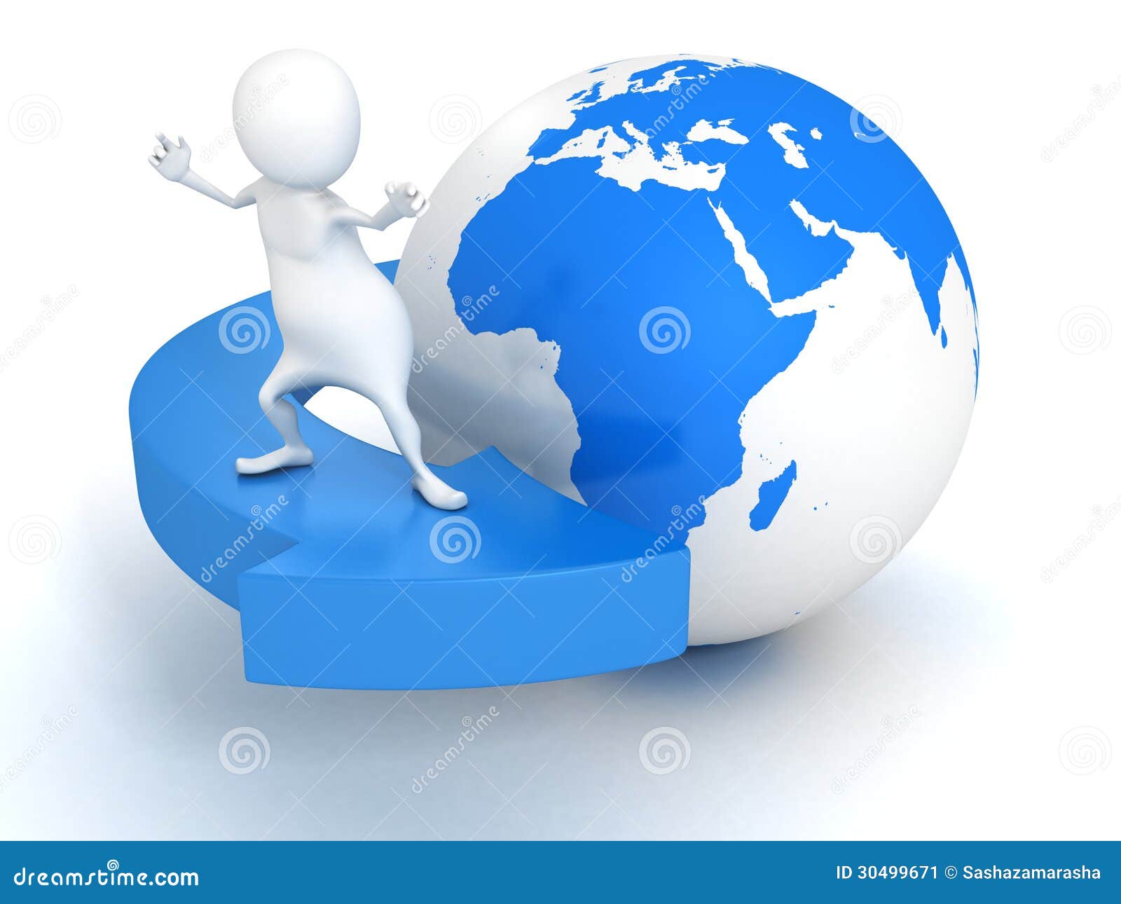 3d Man Surfing on Blue Arrow Around Earth Globe Stock Illustration