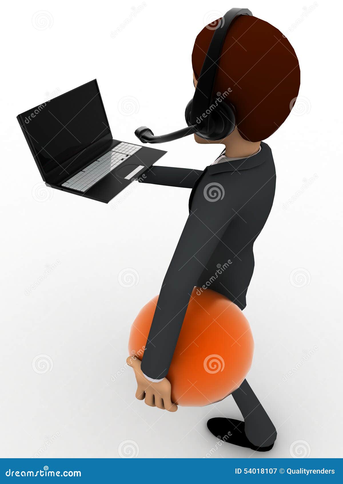 3d Man Working At Call Center While Walking And Working On Laptop