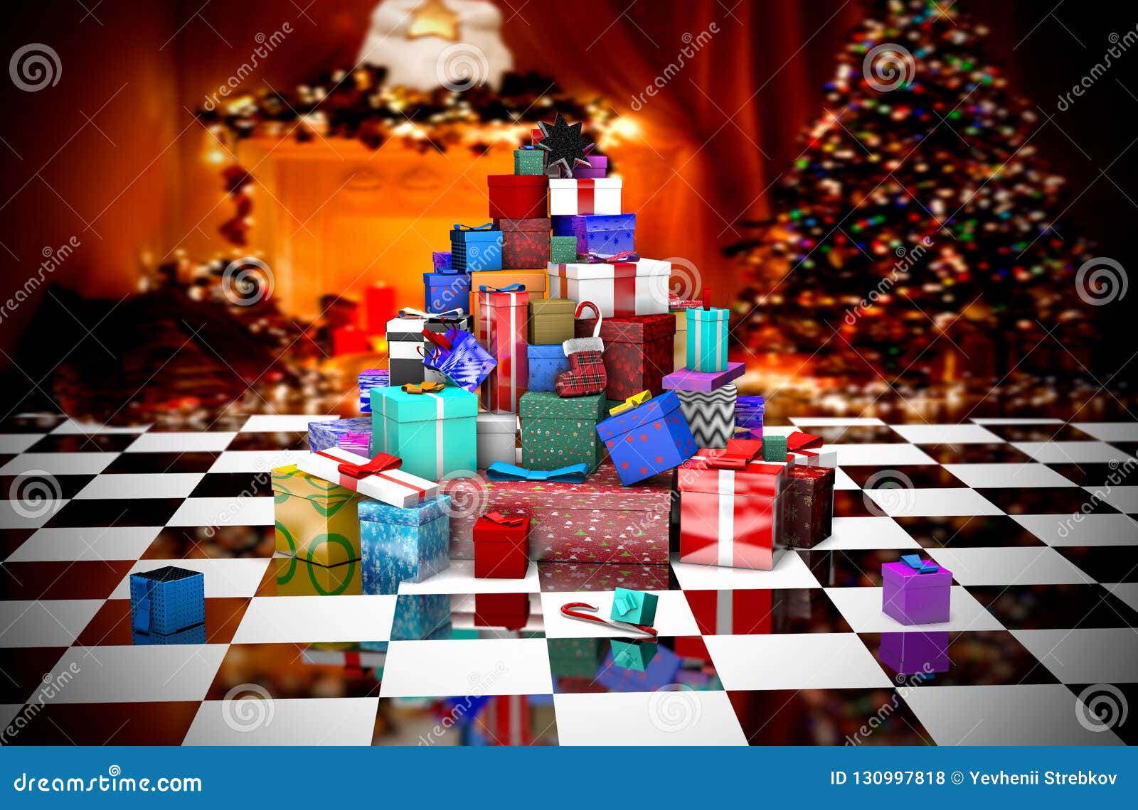 3D Many Christmas Gifts Near the Christmas Tree Stock Illustration ...