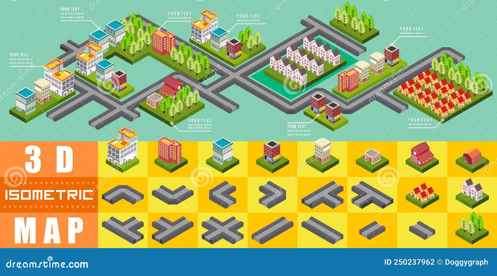 Isometric Block Map Construction Elements Set for Game Resource, Vector Illustrator Stock Vector 