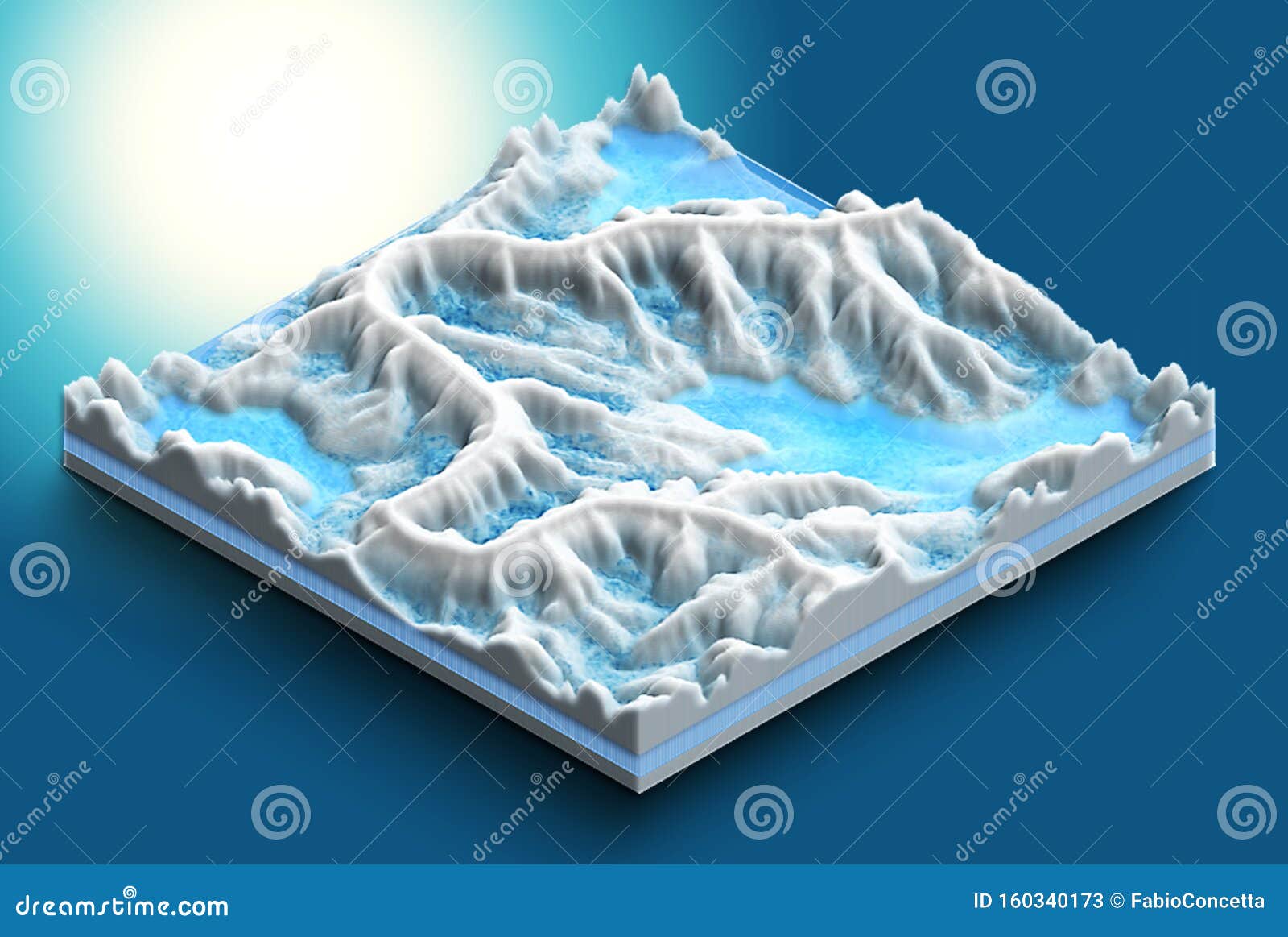 3d map isometric of a chain of perennial glaciers in dissolution