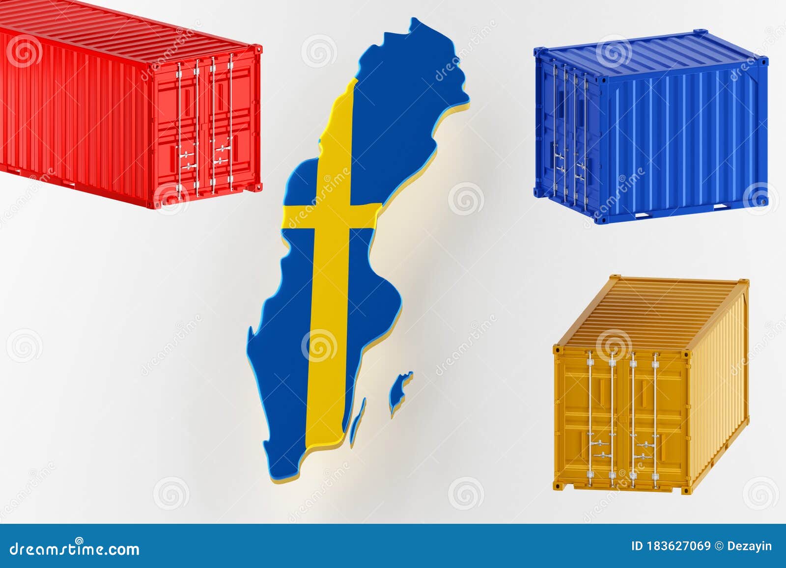 map of sweden land border with flag. freight shipping in containers. 3d rendering