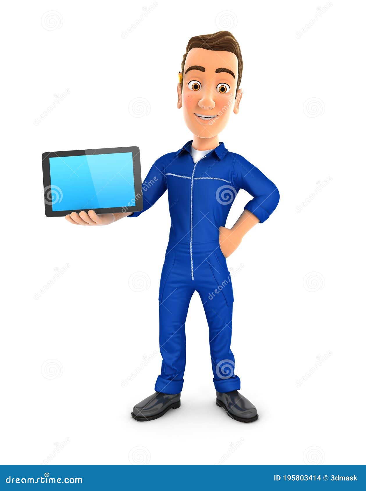 3d Mechanic Standing with a Tablet Stock Illustration Illustration of