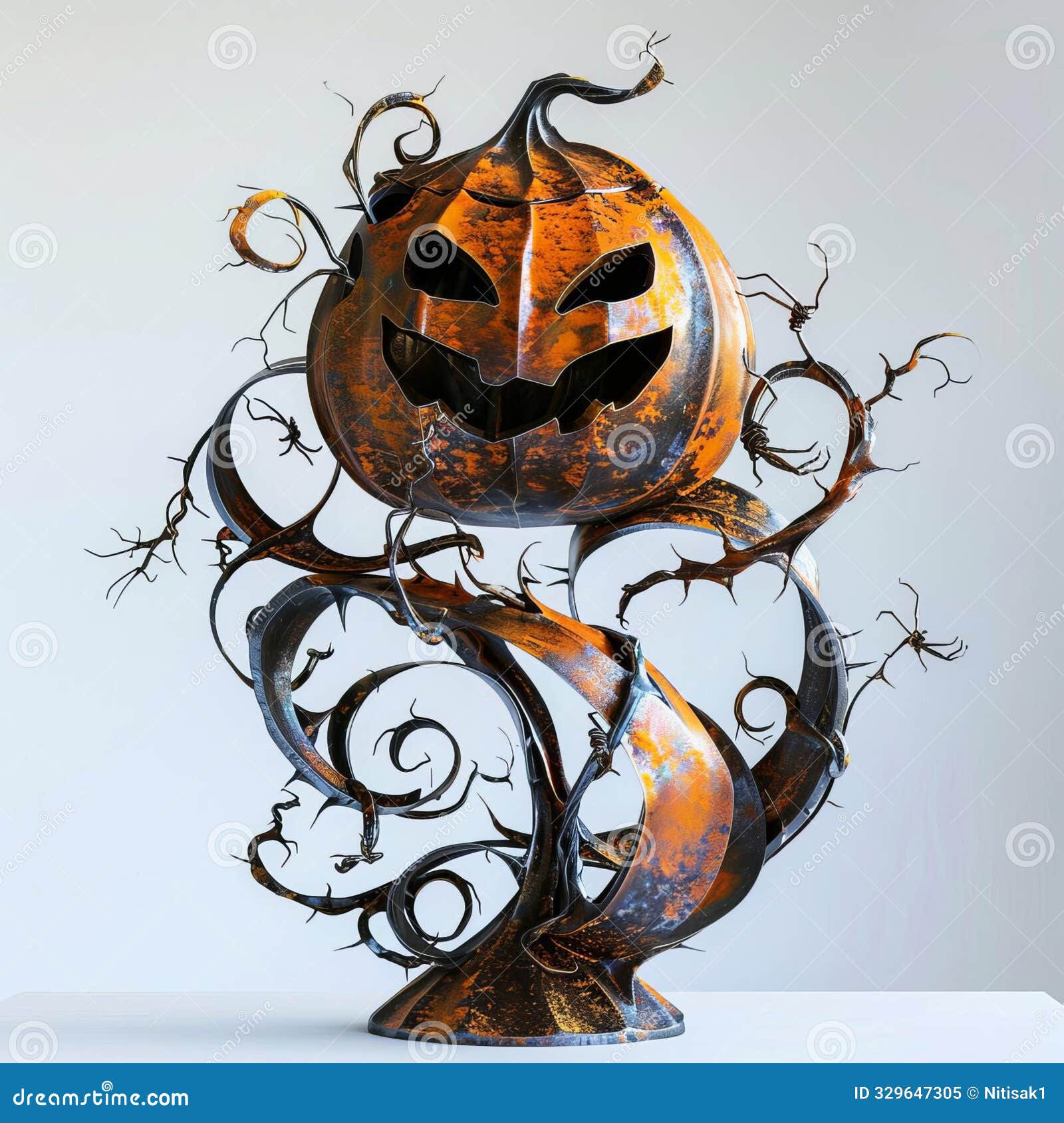 3d model abstract art of haunting abstract jackolantern sculpture made of twisted metal for halloween