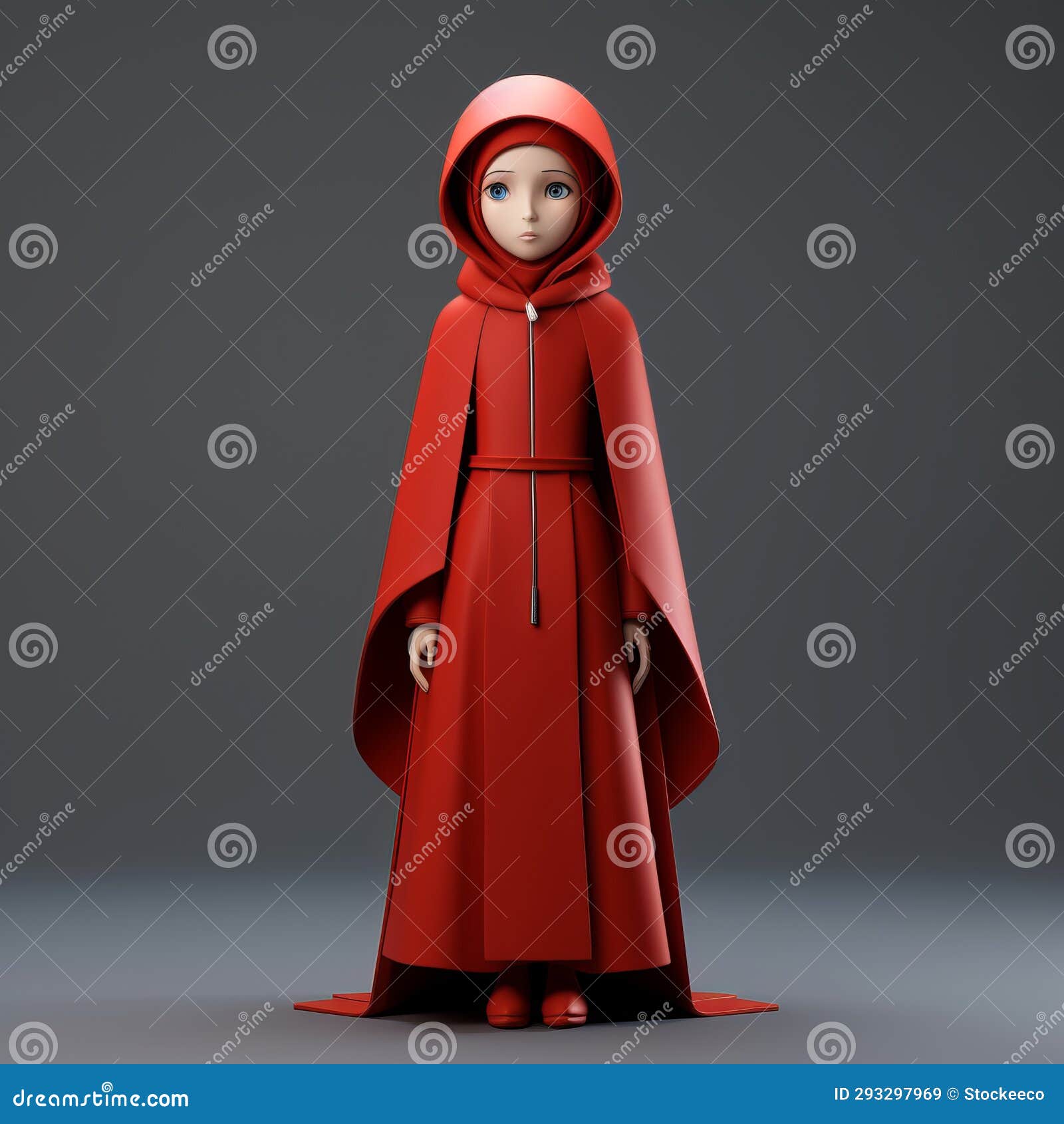 minimalist 3d model of mary in red cloak with toy-like proportions