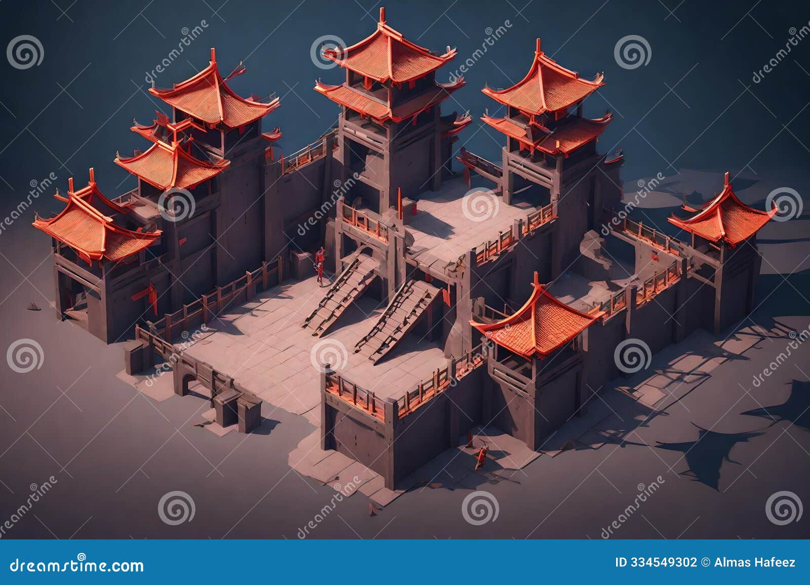 3d model of a chinese temple in isometric view,  on a solid color background with a japanese  influence