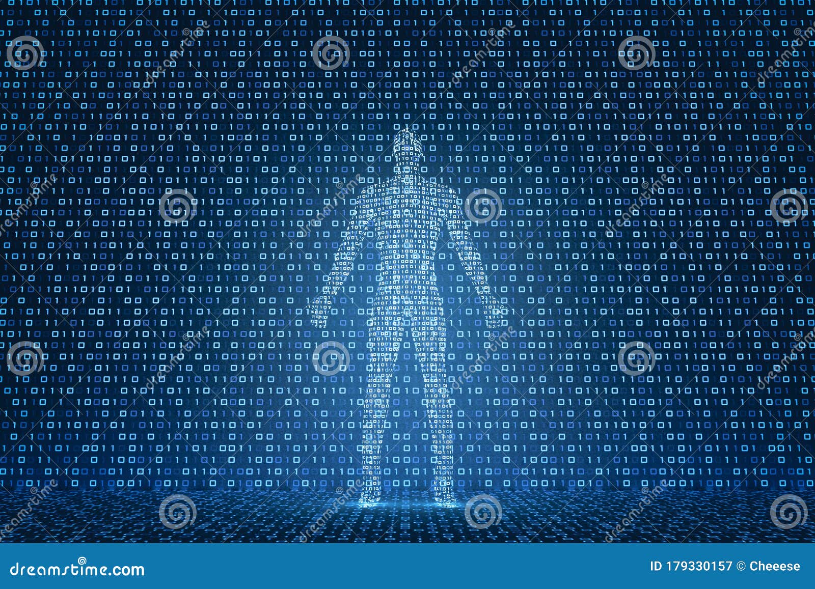 3d model of a digital person on the background of luminous ones and zeros. the concept of man in the era of technology