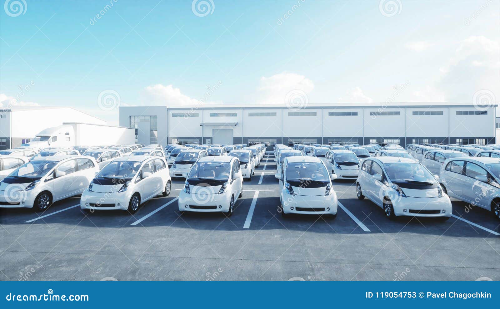 3d model of electric new cars in stock. car dealership cars for sale. ecology concept. 3d rendering.