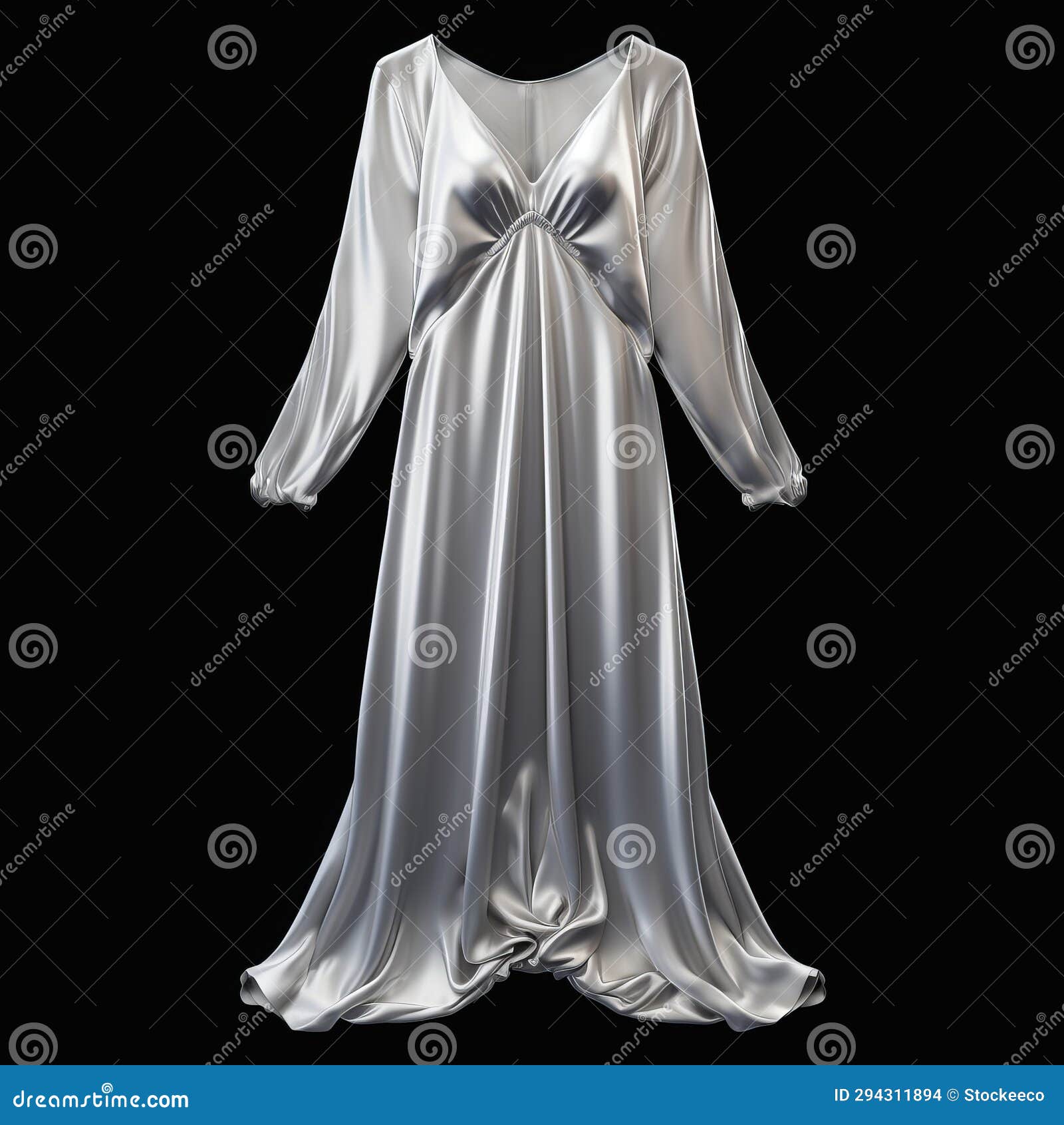 hyper realistic silver long gown on black background