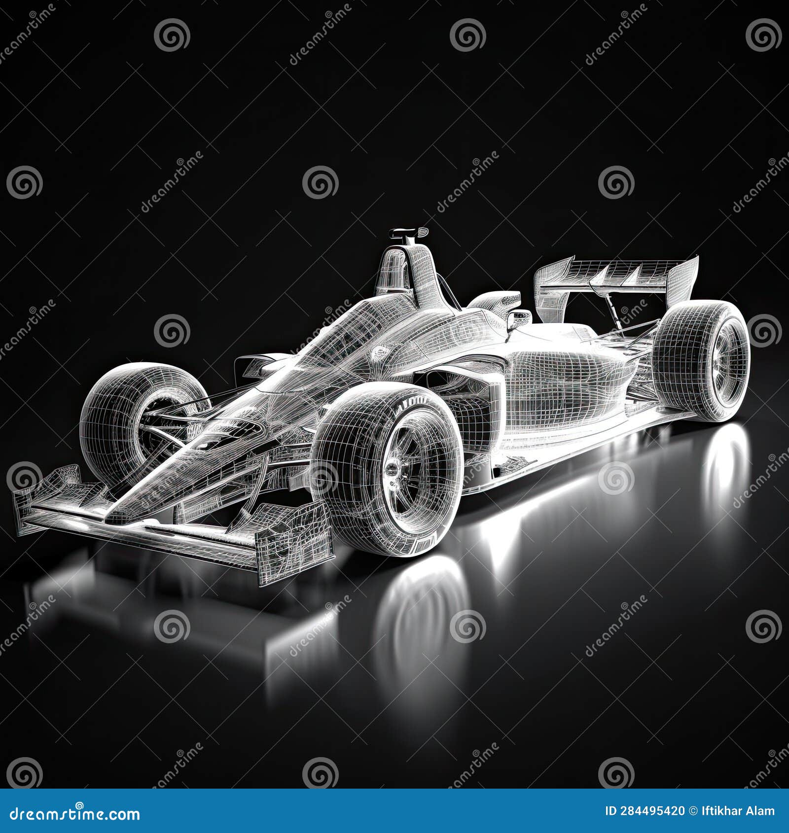 3d Model Race Car on a Black Background with Reflection. 3d