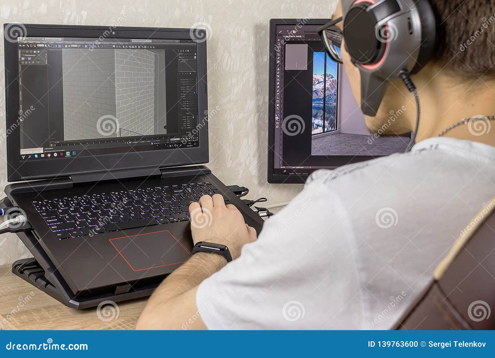 3d modeling on the computer. man develops graphic