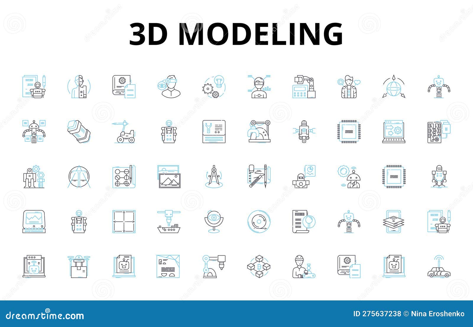 3d modeling linear icons set. rendering, animation, cad, sculpting, texturing, shading, lighting  s and line