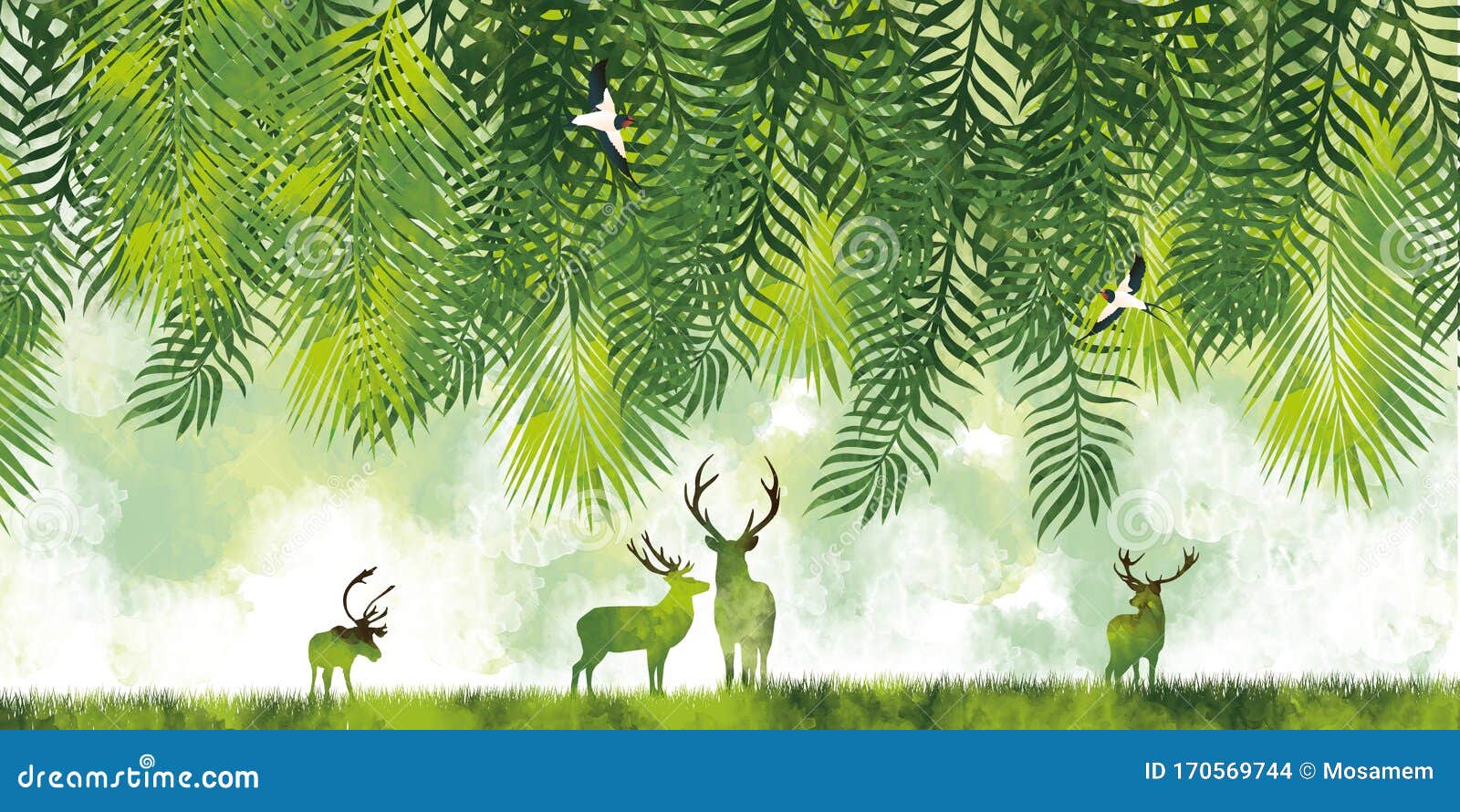3d Modern Art Mural Wallpaper with Jungle , Forest Background . Green Deer,  Black Christmas Tree , with White Birds . Suitable F Stock Illustration -  Illustration of paradise, summer: 170569744