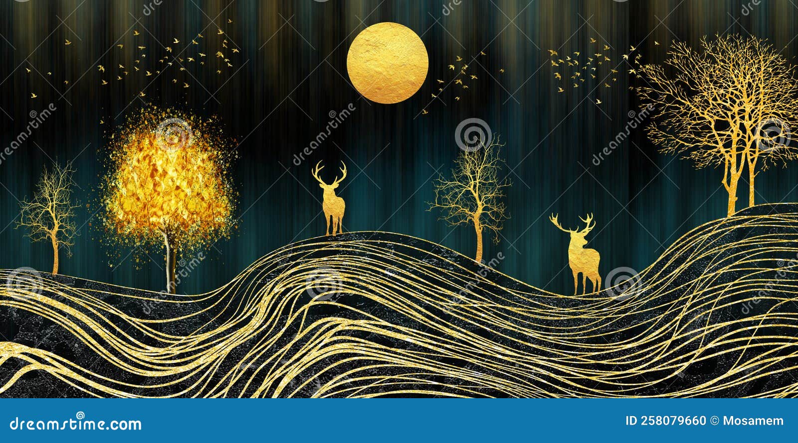 3d Modern Art Mural Wallpaper, Night Landscape with a Dark Black Background  with Stars and Moon, Golden Trees, Deers, and Gold Wav Stock Illustration -  Illustration of interior, floral: 258079660