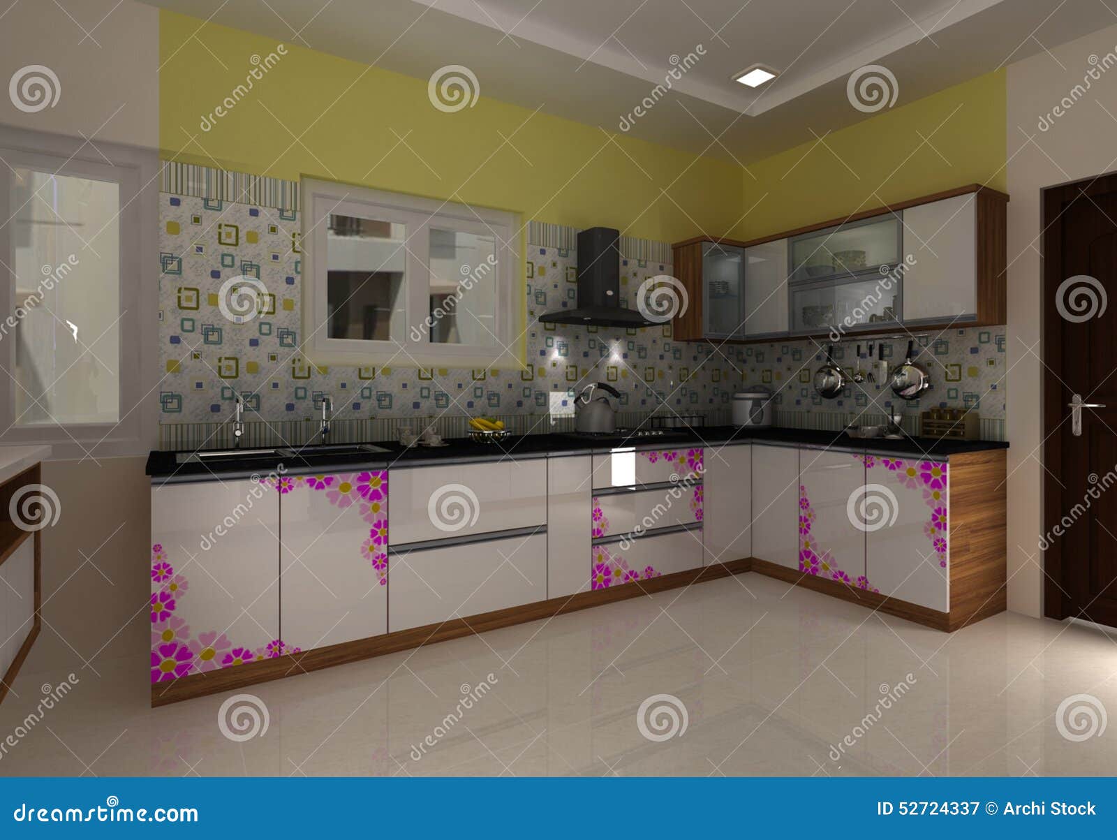 3D Modern Kitchen Interior Design Stock Illustration ...