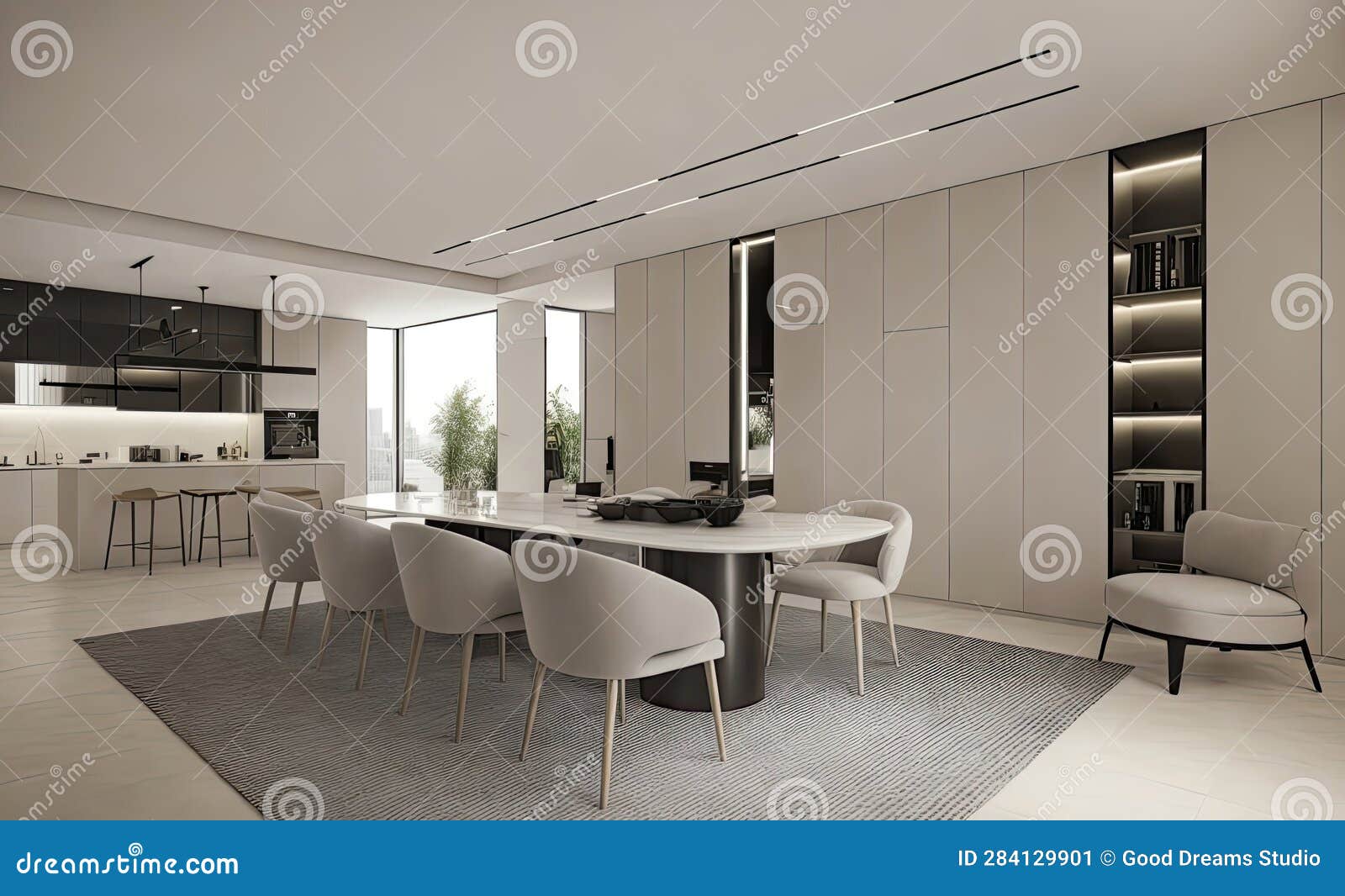 3D. Modern and Luxury Kitchen Living Room Design Stock Illustration
