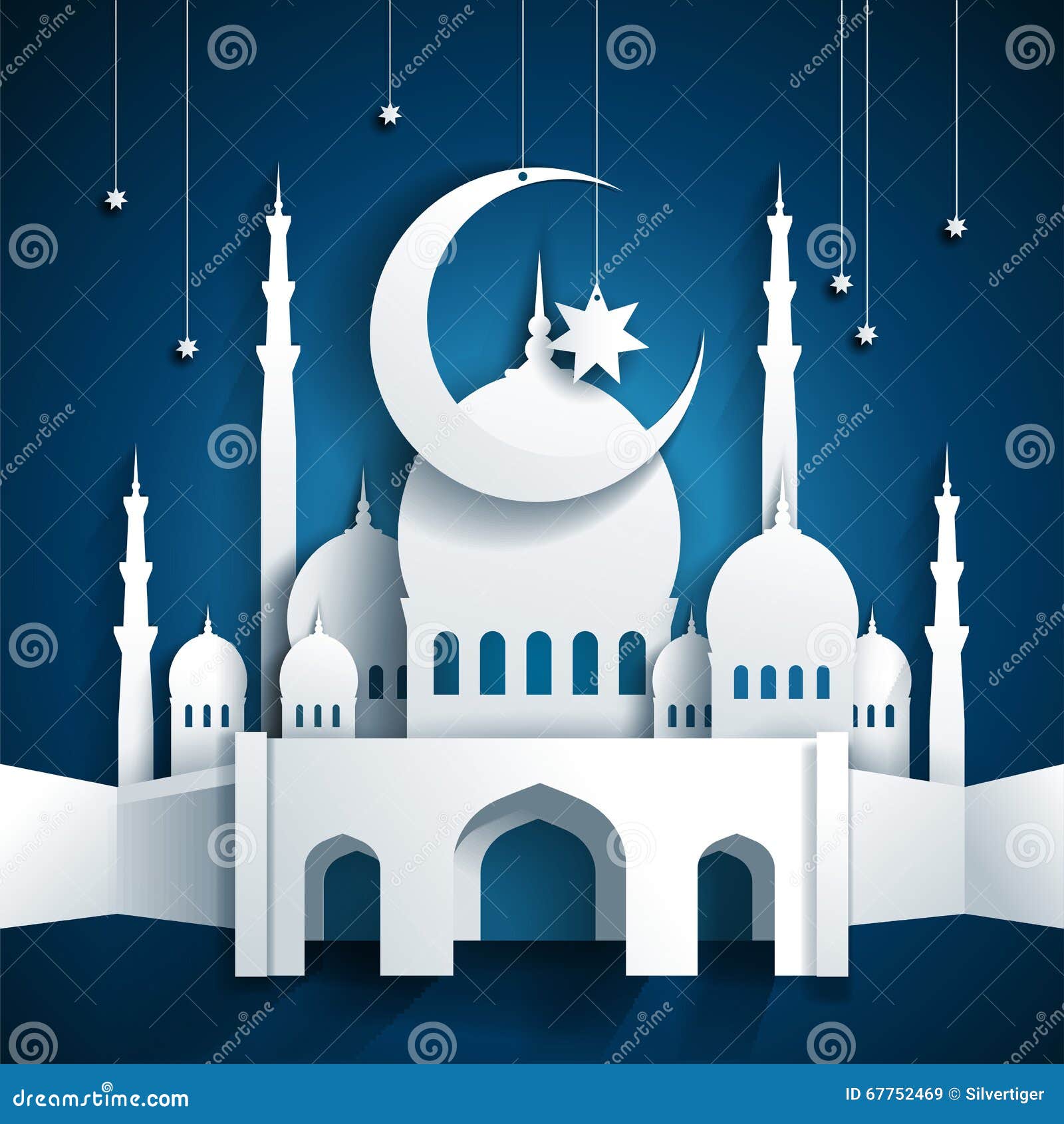3d mosque and crescent moon with stars - ramadan kareem or ramazan kareem background - paper craft style - 