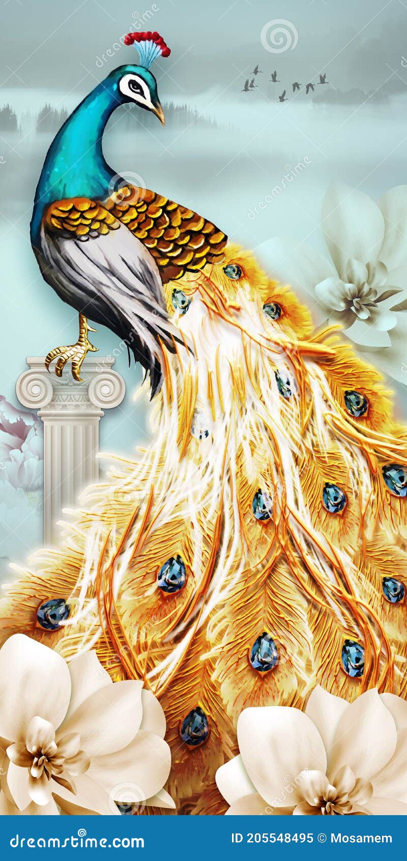 3d Mural Art Peacock with Golden Flowers and Classic Background ...