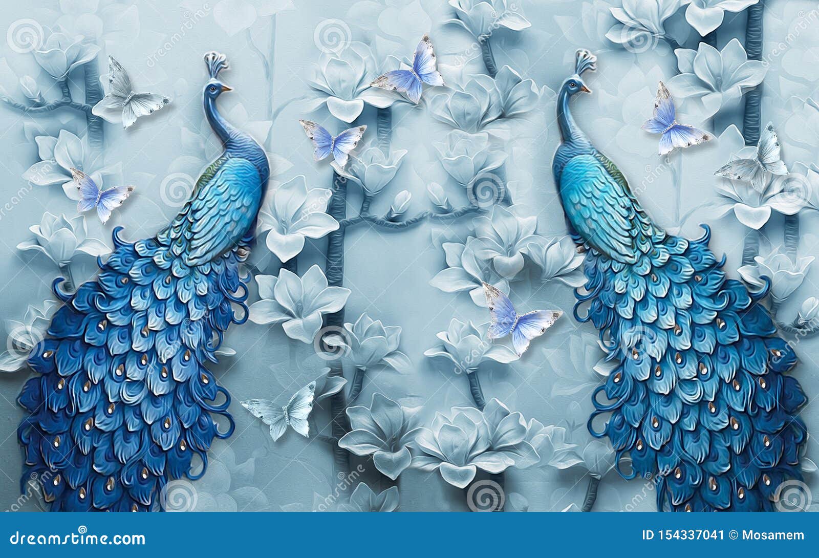 3d mural background blue peacock on branch wallpaper . with flowers