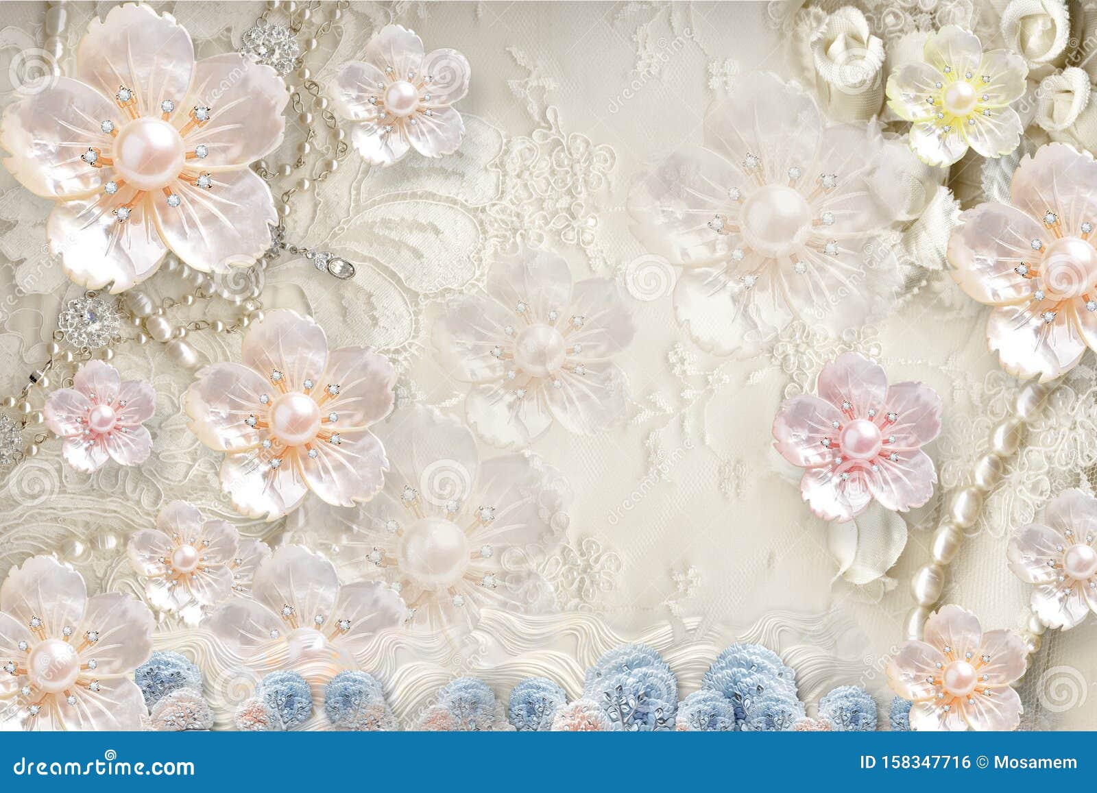 3d mural background with flowers , pearl , jewelery , circles and butterfly . marble and capitone wallpaper