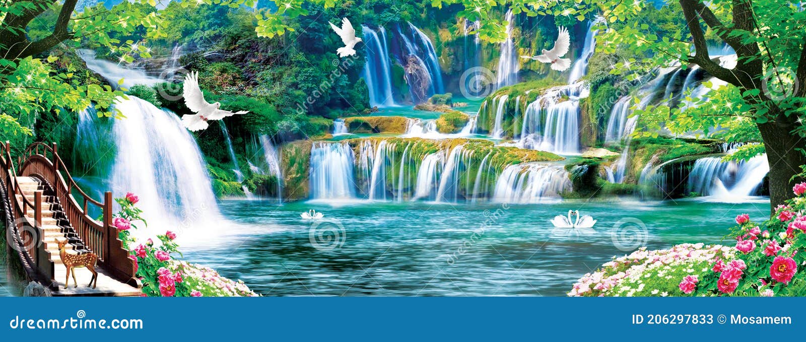 3d mural colorful landscape . flowers branches multi colors with trees and water . waterfall and flying birds . suitable for print