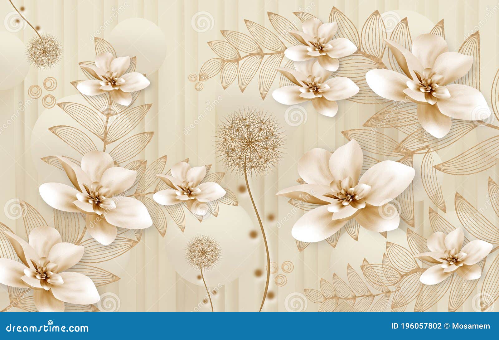 3d Mural Illustration Background with Golden Dandelion Flowers , Circles  Simple Golden Decorative Wallpaper Stock Illustration - Illustration of  floral, antique: 196057802