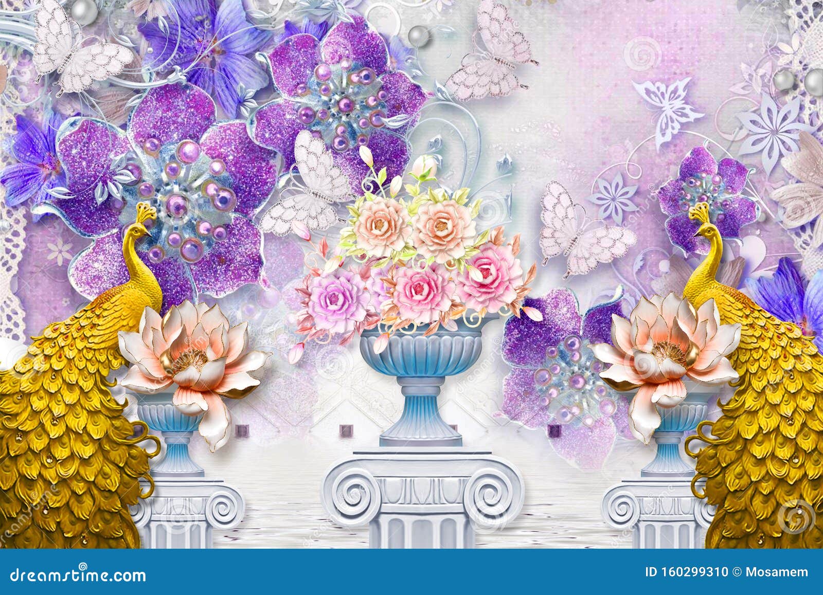 3d Mural Illustration Background with Golden Jewelry and Flowers ...