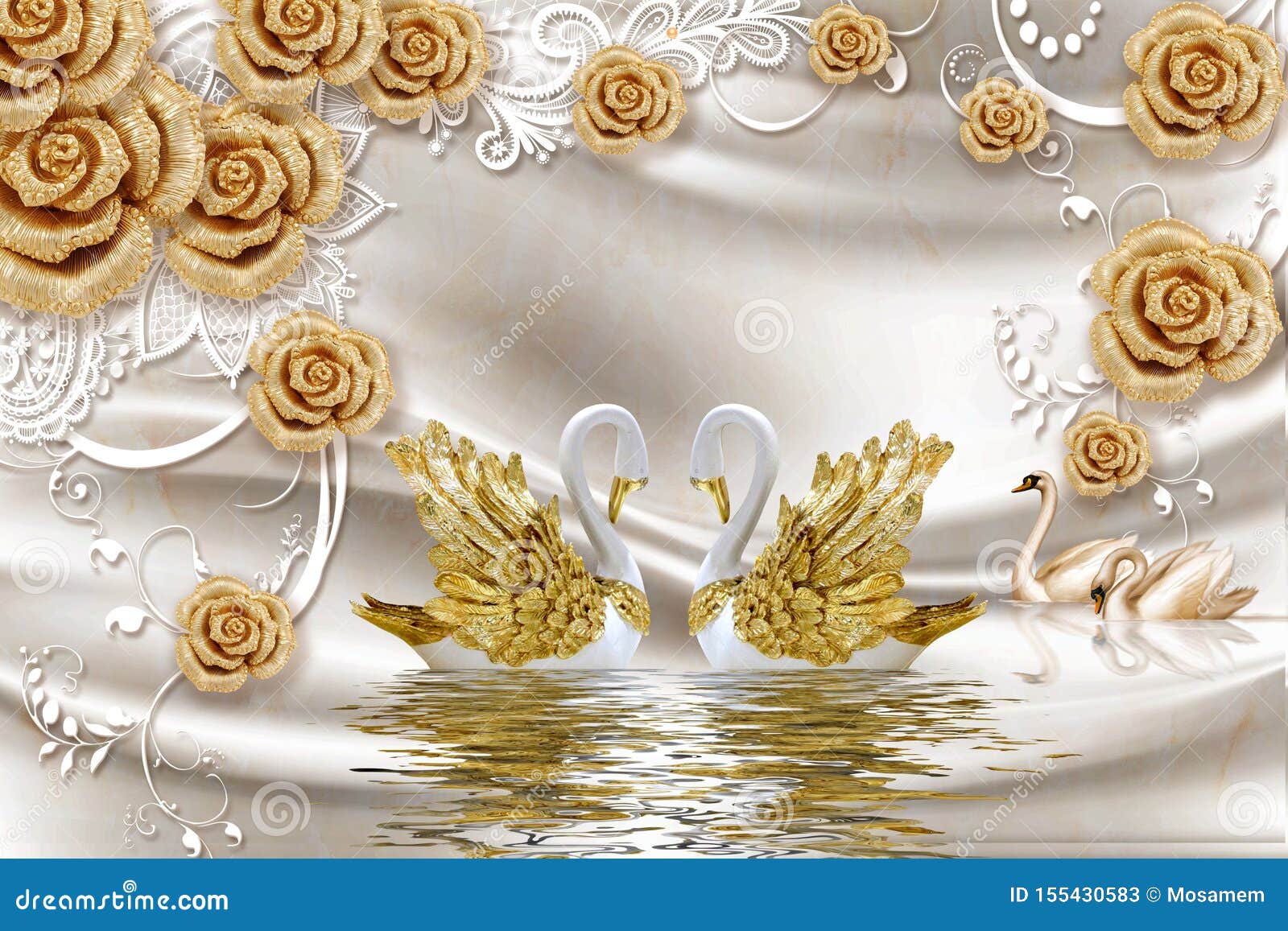 3d mural  golden swan in water with decorative floral background jewelery, 3d ball