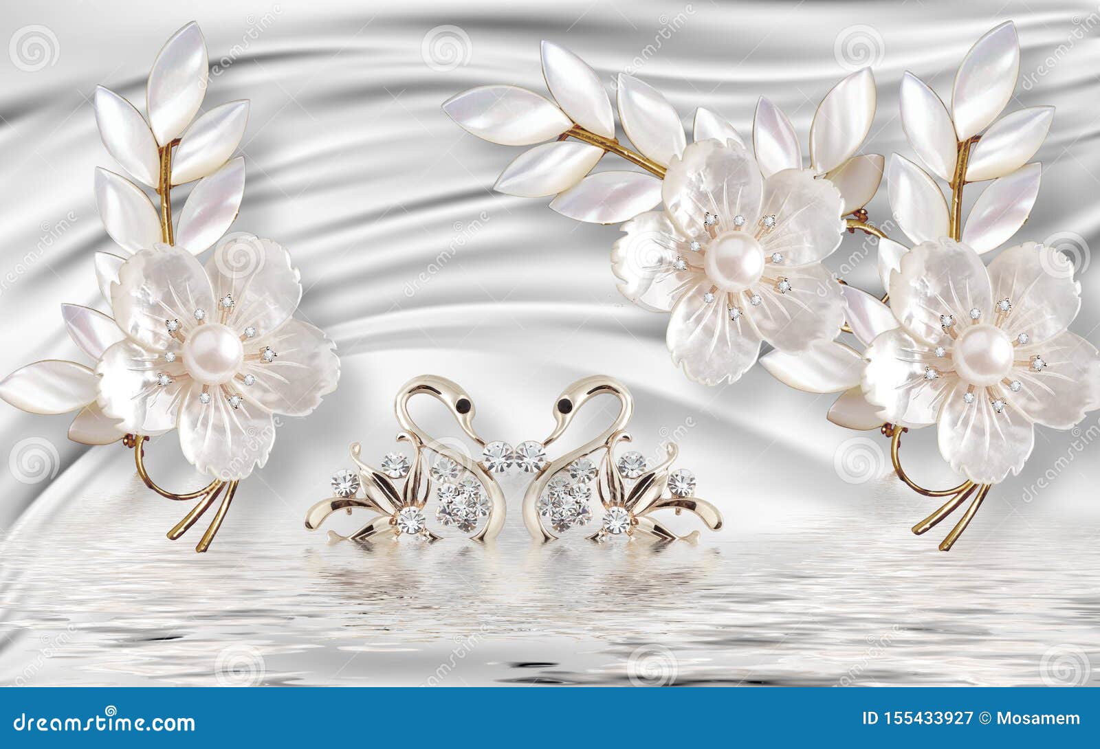 3d mural  golden swan on water with decorative floral background jewelery, 3d ball
