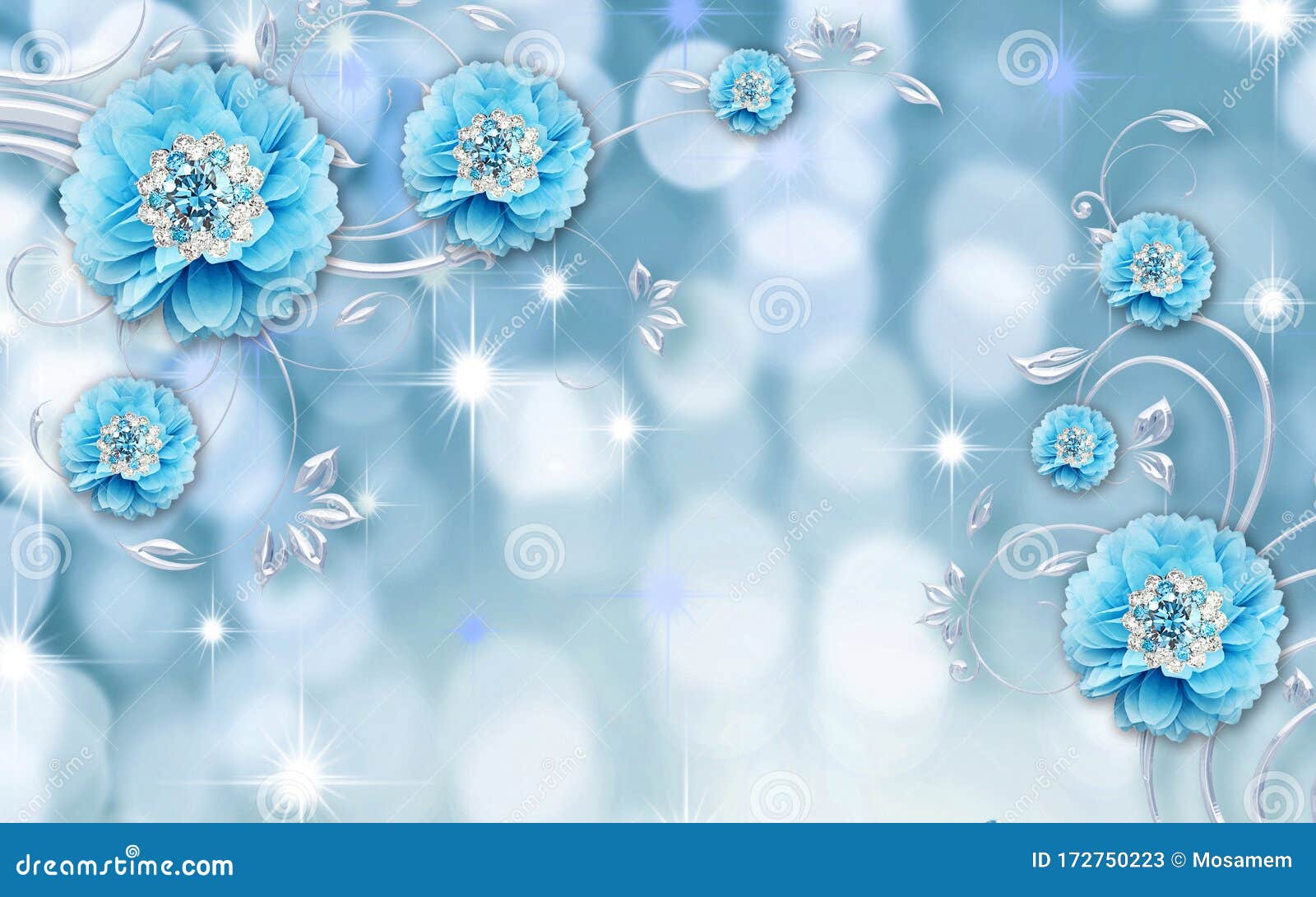 3d mural light blue wallpaper  with diamonds and flowers with silver branches and light modern background