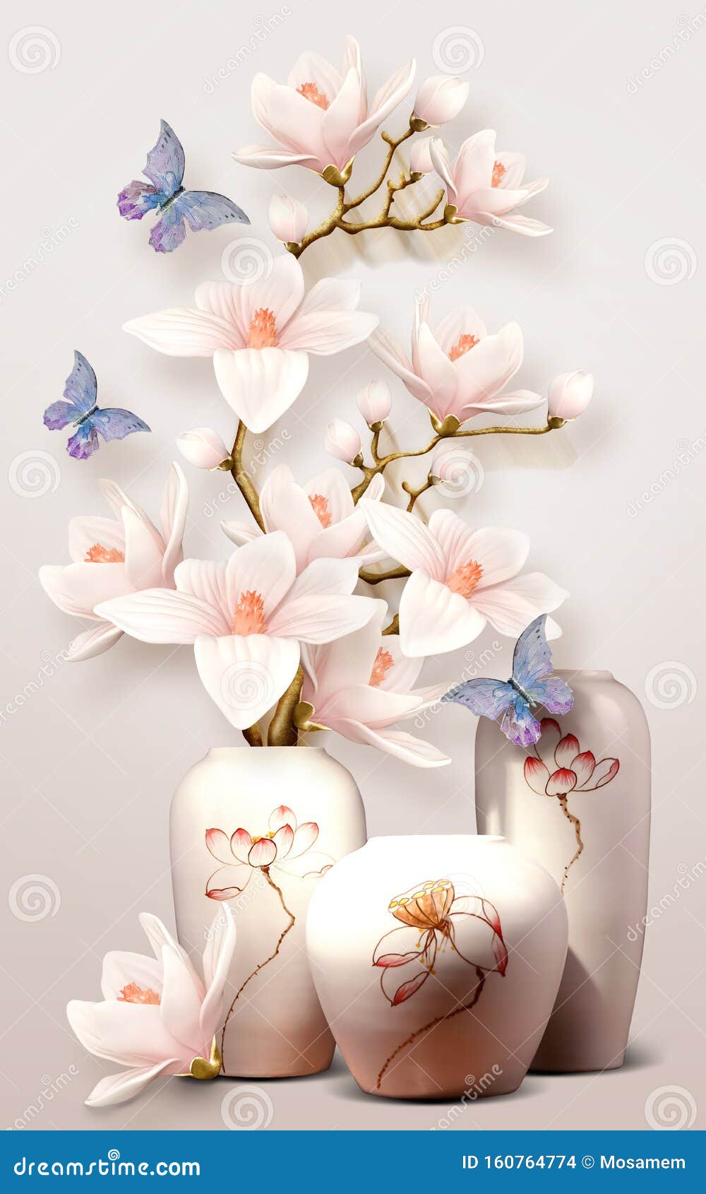 3d mural vase with flowers and butterfly orchid on white background
