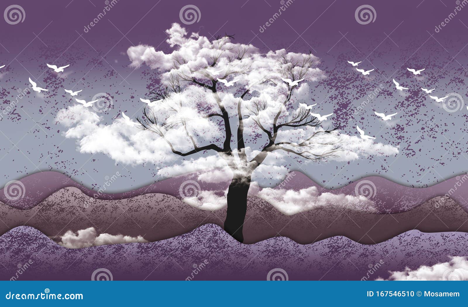 3d Mural Wallpaper 山 天上白鸟 云中黑树淡紫色背景库存例证 插画包括有设计 森林