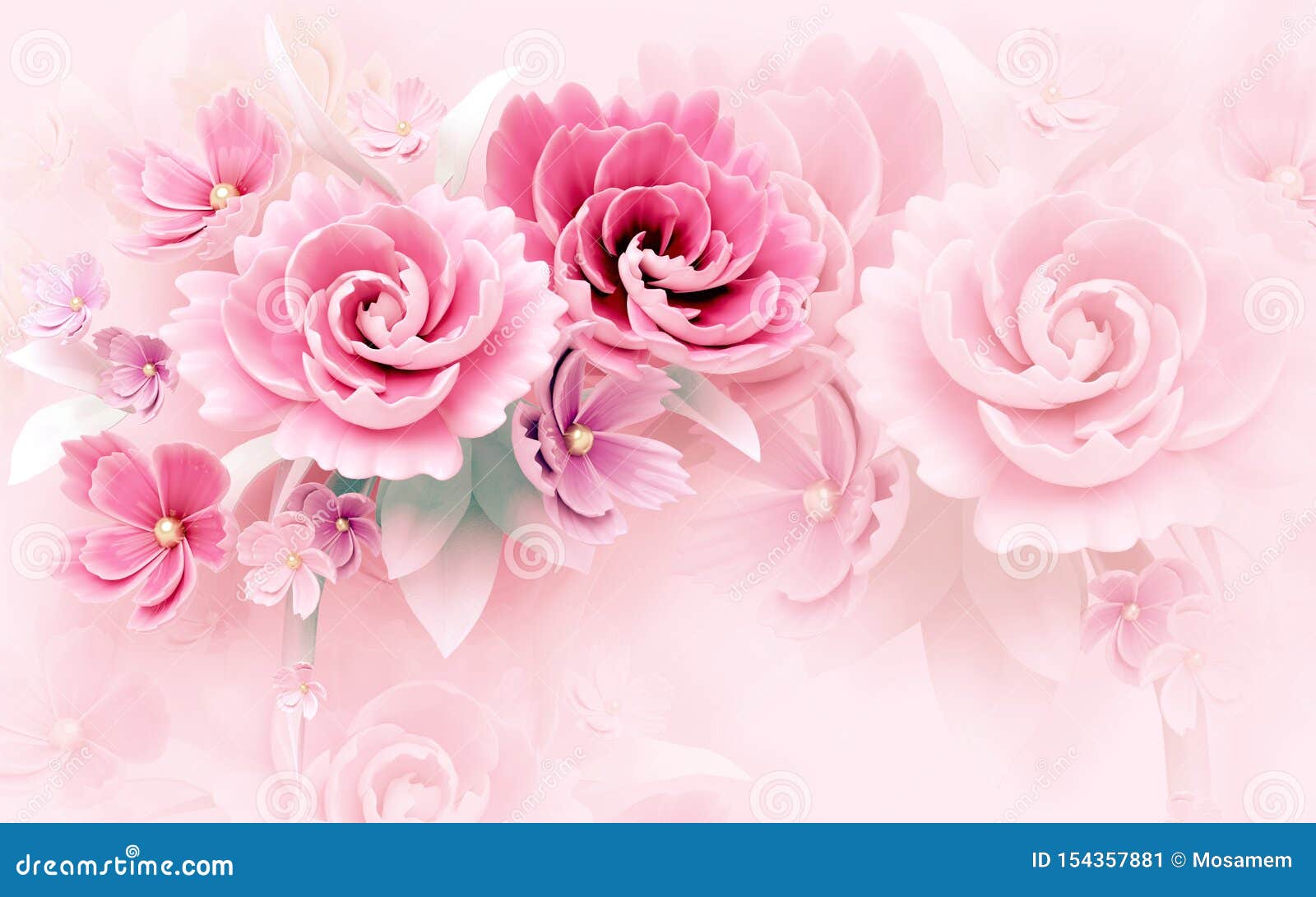 3d Mural Wallpaper Abstract Background with Rose and White and Flowers  Stock Image - Image of bouquet, pink: 154357881