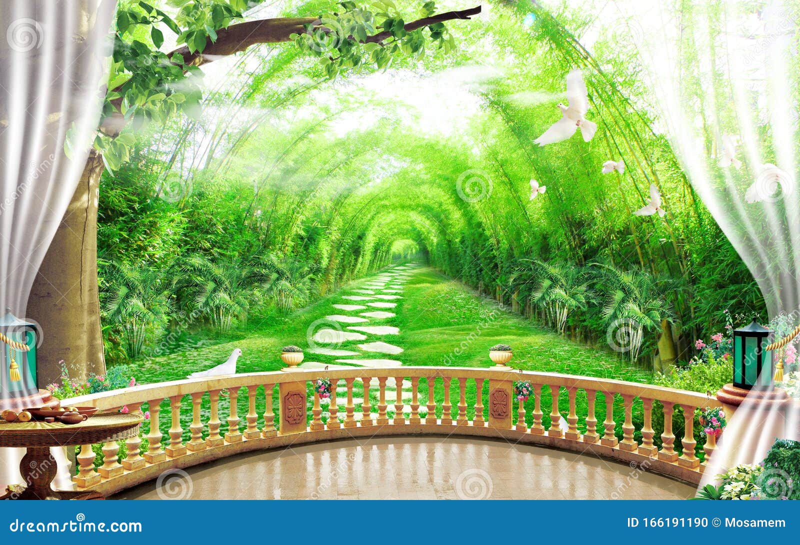 3d Mural Wallpaper Beautiful View of Landscape Background from the Old  Arches, Tree, Sun, Water , Birds Flowers and Transparent Cu Stock Photo -  Image of arches, leaf: 166191190