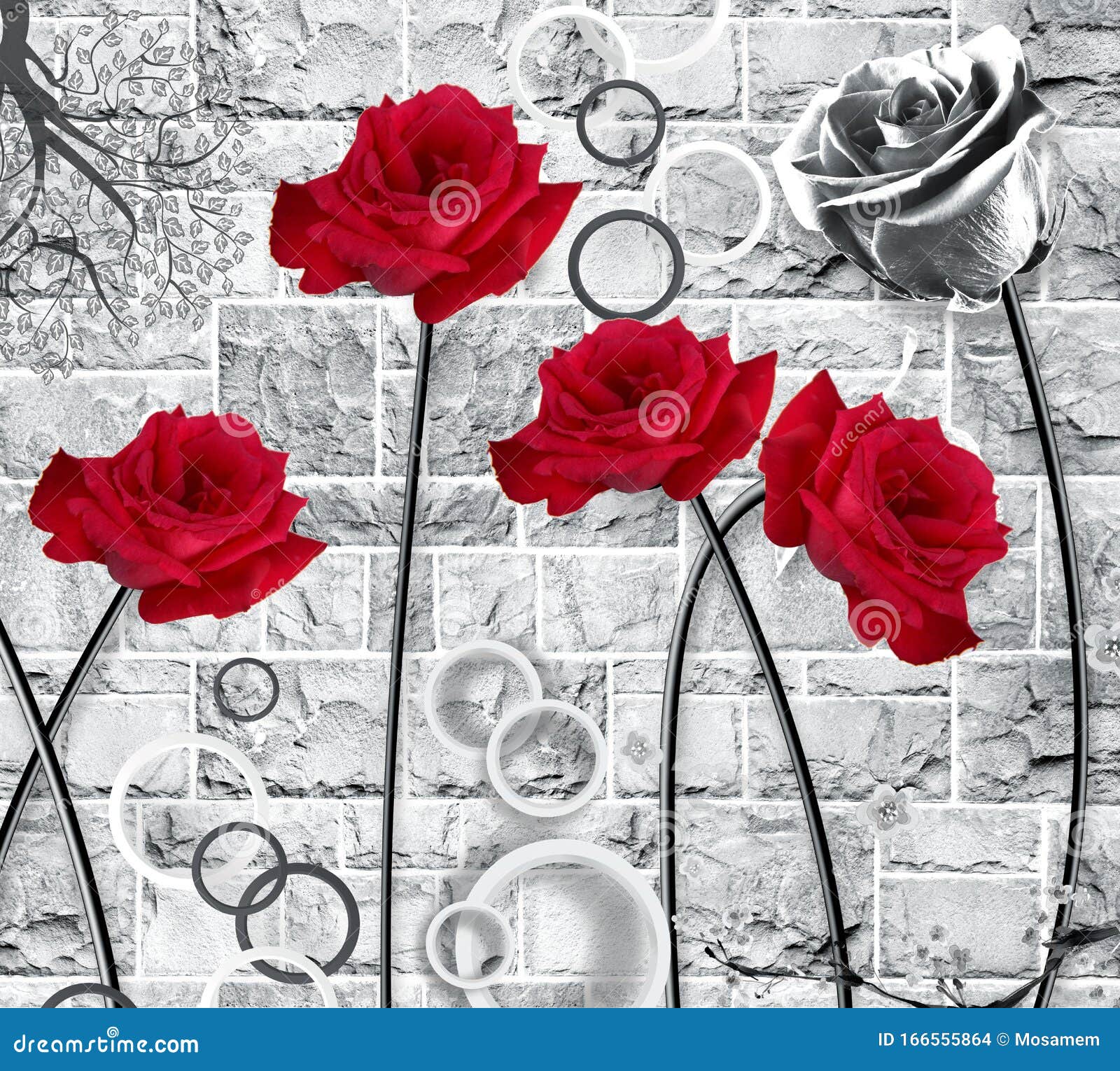 3d mural wallpaper red flowers and circles in black and white wall bricks .