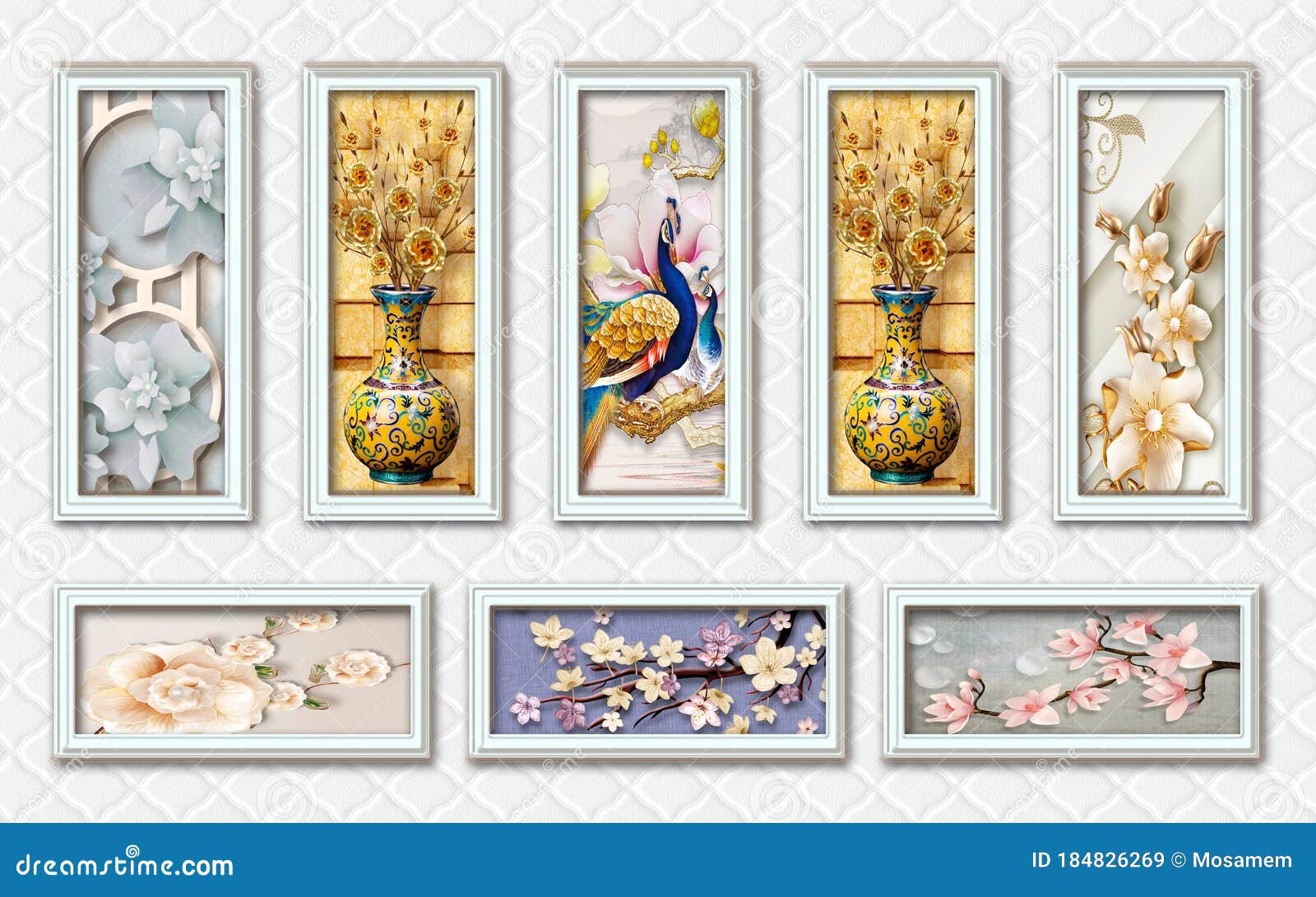 Download 3d Mural Wallpaper With Silver Frames And Flowers In Tree Branches With Flowers And Vases And Peacock In Silver Leather Stock Illustration Illustration Of Antique Branch 184826269