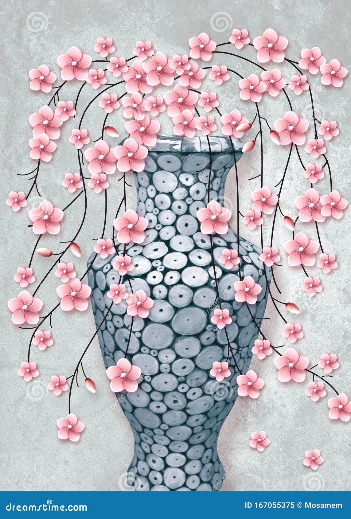 3d mural wallpaper vase with rose flowers on gray background suitable for use on a wall frame