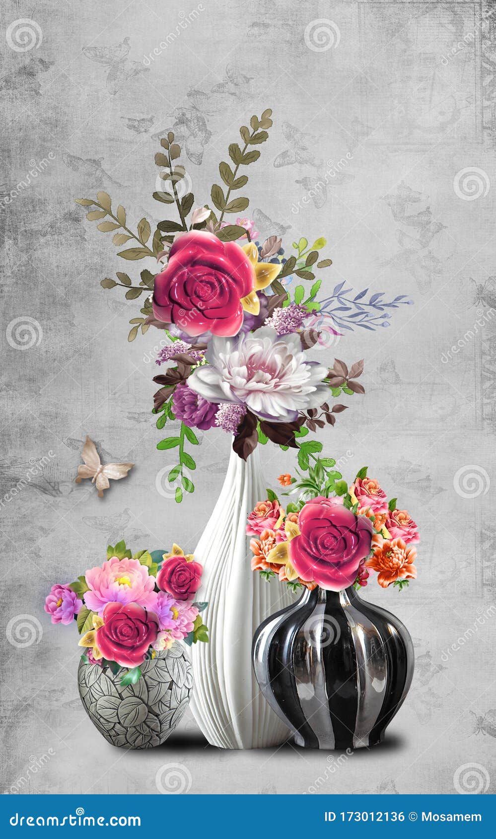 3d Mural Wallpaper Vase with Rose Pink , Colored Flowers Branches on Gray  Beige Background . Suitable for Use on a Wall Frame Stock Illustration -  Illustration of birds, brown: 173012136