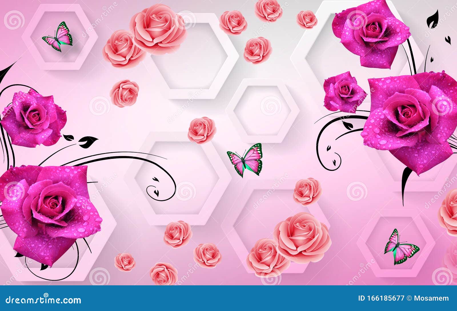 3d mural wallpapers with flowers orchids and waving butterflies on 3d rendering rose background will visually expand the space in