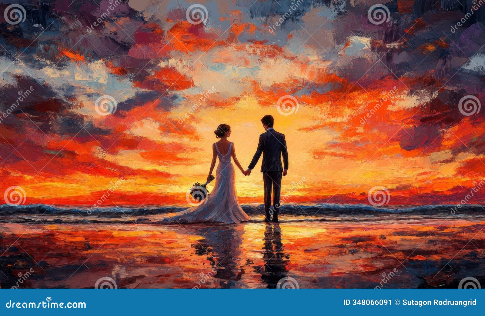 3d newlywed couple holding hands on a beach at sunset, their silhouettes framed by vibrant orange and pink skies