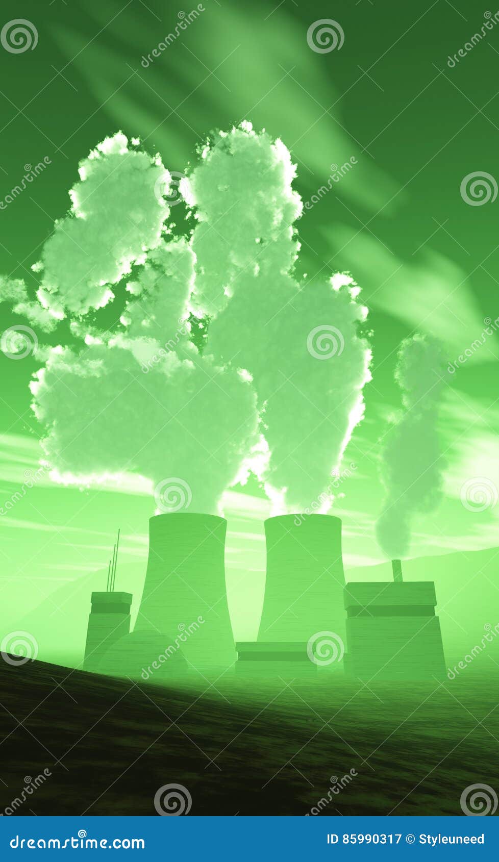 3D Nuclear Power Plant With Green Air Stock Illustration