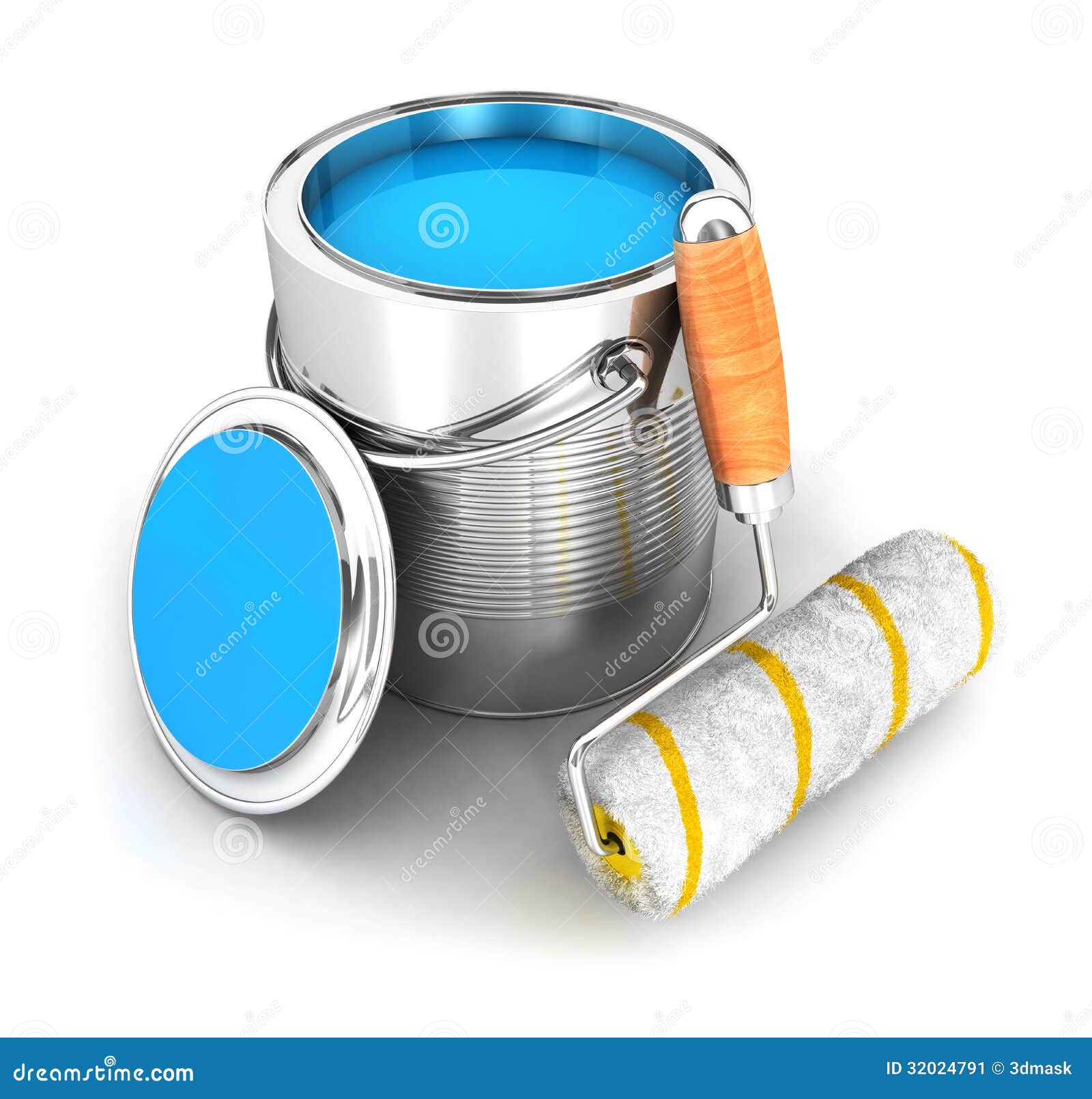 3d Paint Can And A Roller Brush Stock Illustration - Illustration of ...