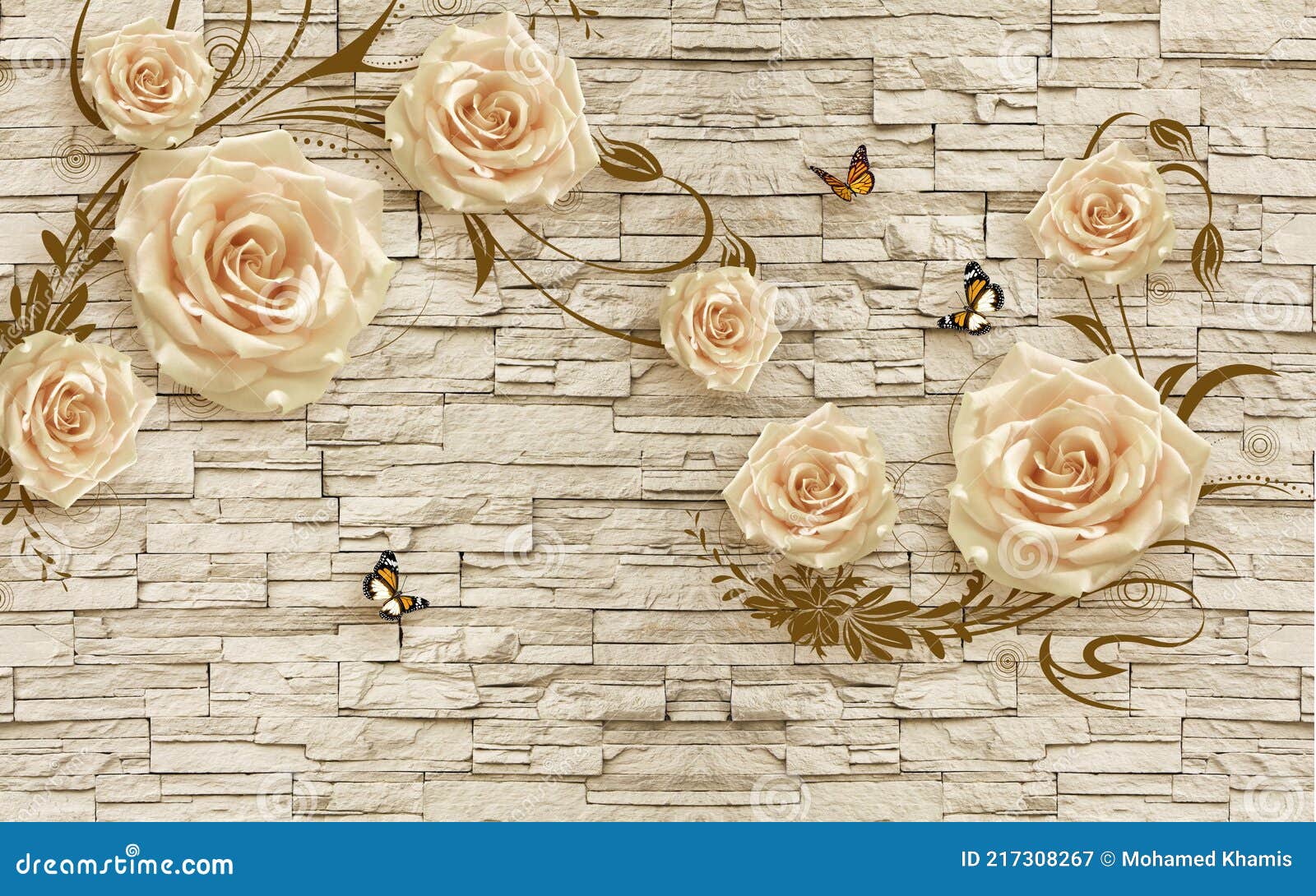 3d Papel De Parede, Flores Douradas E Borboletas No Decor Doméstico De  Pedra Imagem de Stock - Imagem de flores, borboletas: 217308267