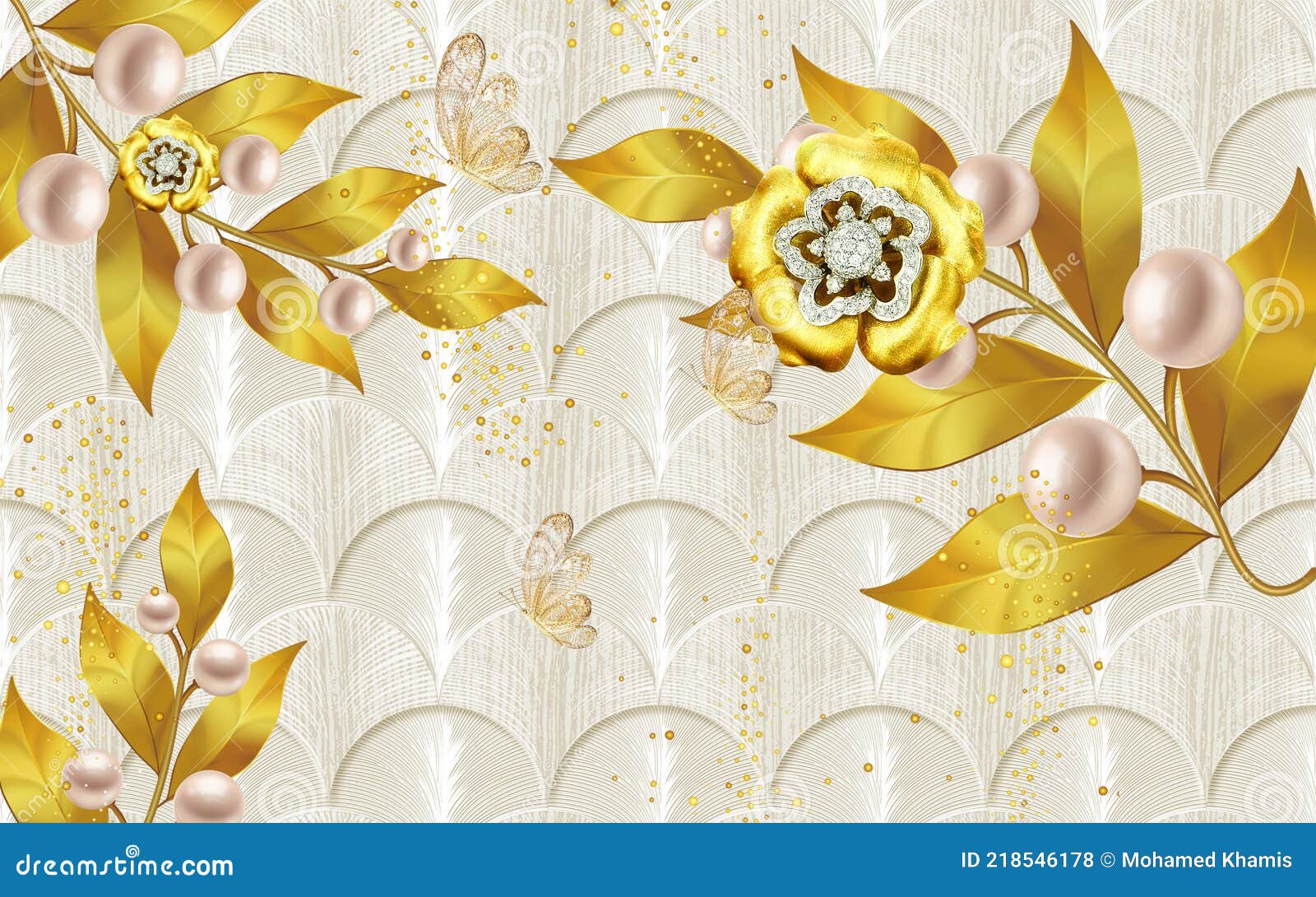 3d Papel De Parede Flores Douradas Galhos Dourados Bolas E Borboletas  Ilustração Stock - Ilustração de dourado, borboletas: 218546178